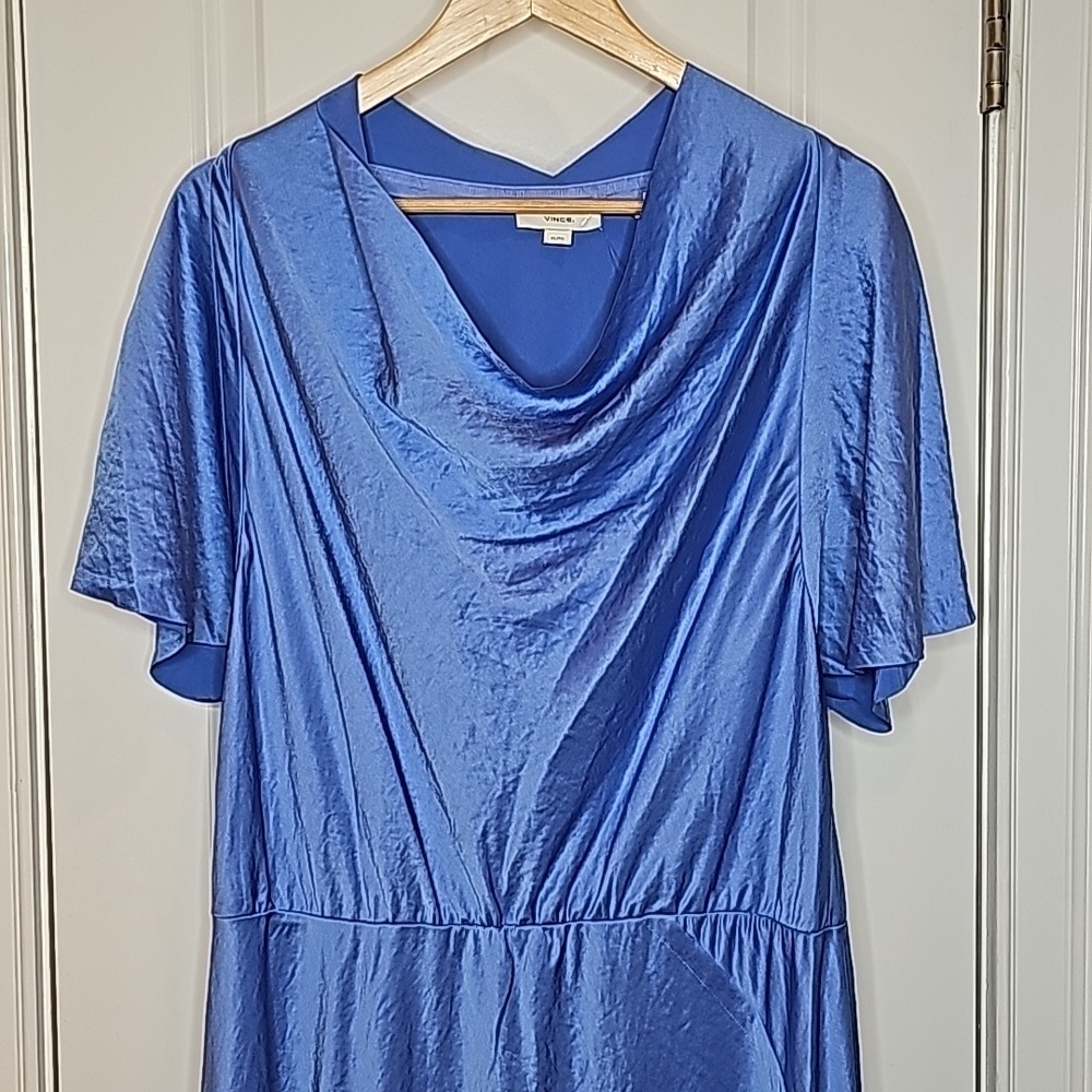 Vince Ari Blue Cowl Neck Short Sleeve Asymmetrical Hemline Dress - Size XL - Picture 4 of 8